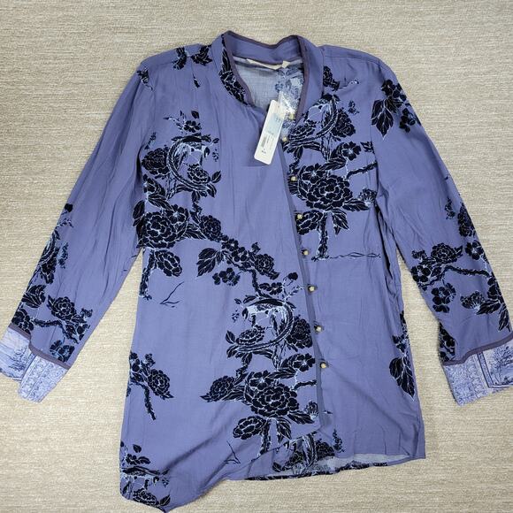 Soft Surroundings Tranquil Blooms Kimono Shirt XL Blue Floral Velvet Burnout New - Picture 8 of 14